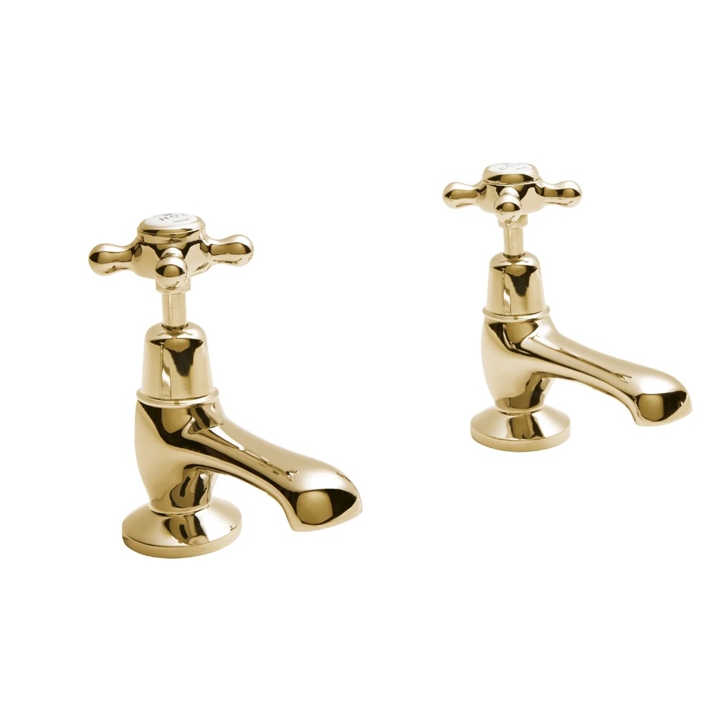 BC Designs Victrion Crosshead Gold Basin Pillar Taps Cut Out